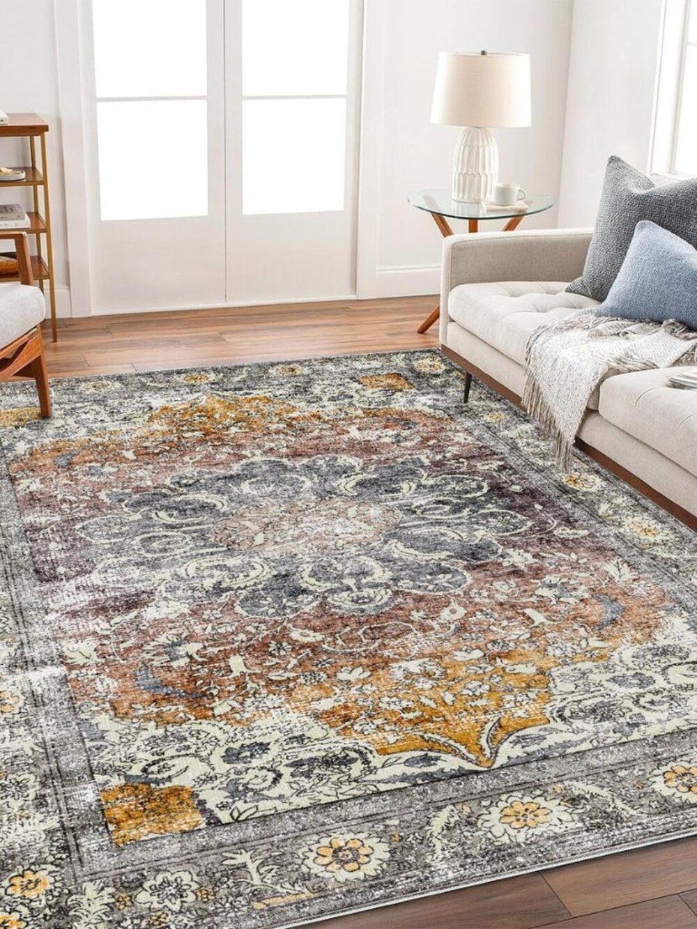 Area Rug 8x10 Washable Rug Taupe Vintage Traditional Mat Distressed Indoor